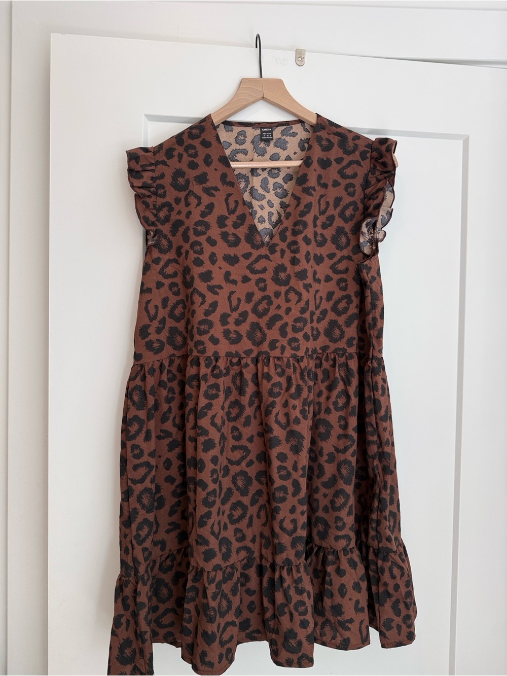 SHEIN Brown and Black Leopard Print V-Neck Midi Dress